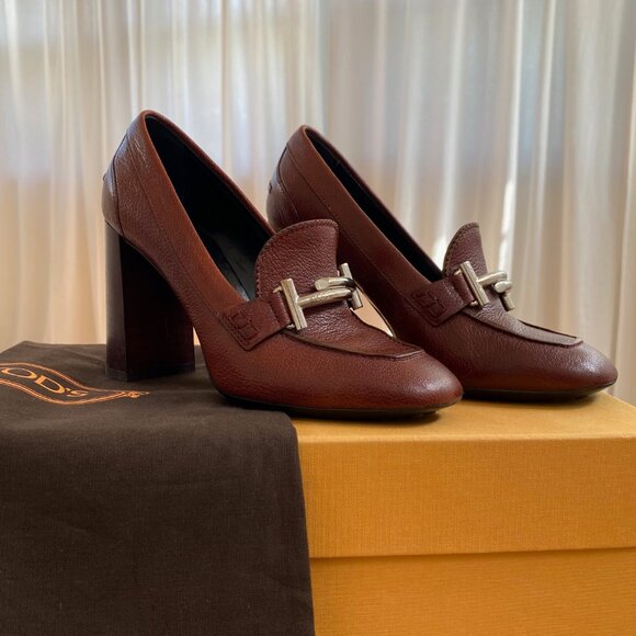 TOD'S women's Gomma block heel loafers brown / burgundy nearly new Sz 37 - Picture 1 of 2